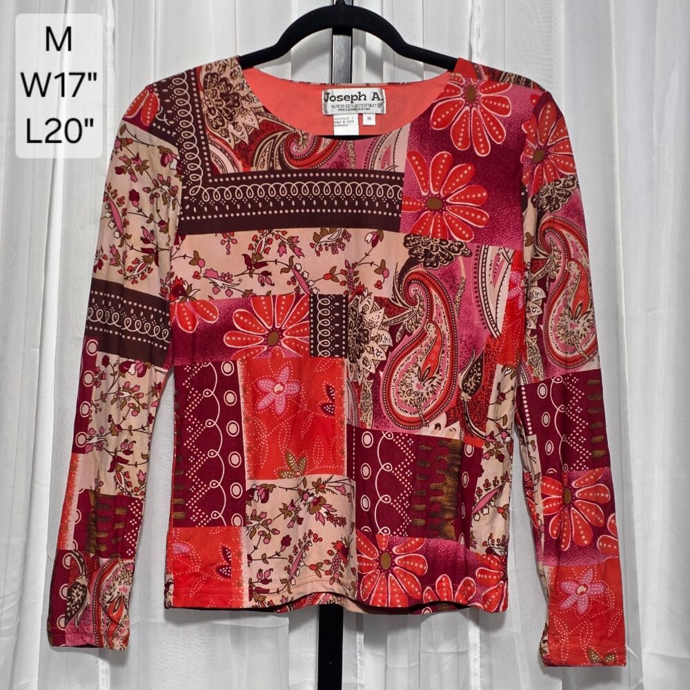 Vintage Joseph A. Y2K Patchwork Paisley Slinky Top Nylon Red Pink Medium